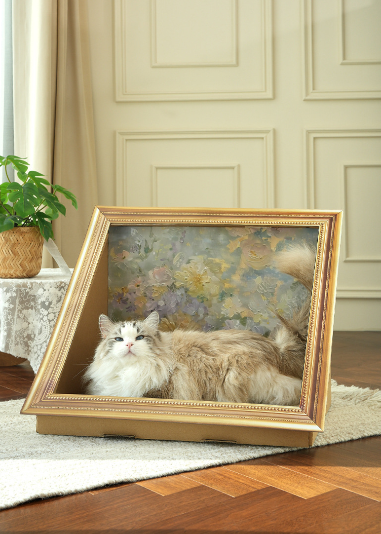 PawsCube Retro Oil Painting Cat Cave & Scratcher – Eco Corrugated Cardboard, Silent Clawing for Cats